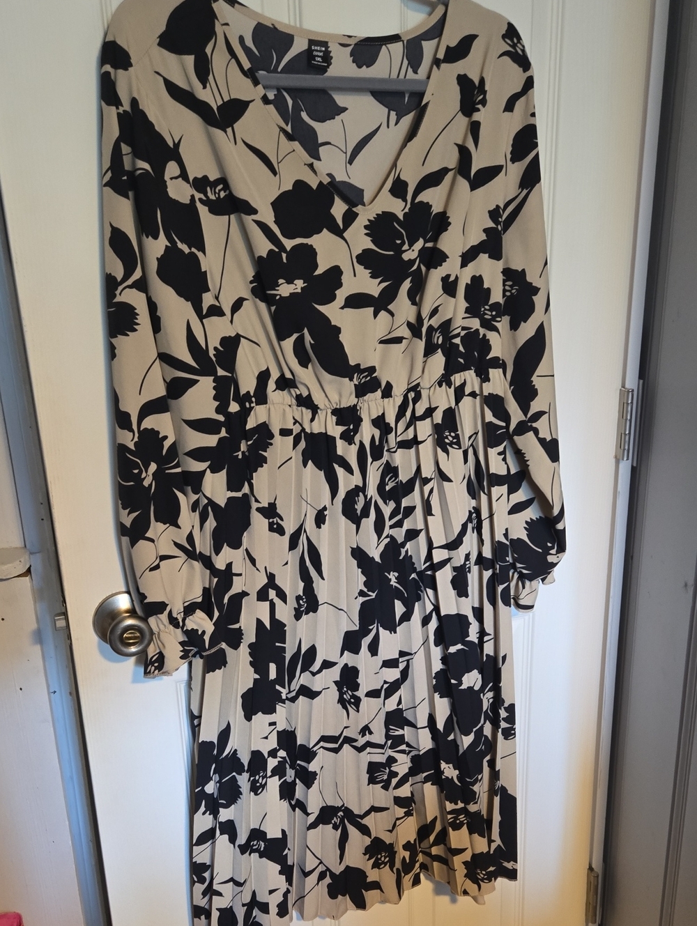 SHEIN Beige Dress with Black Floral Print - Long Sleeve